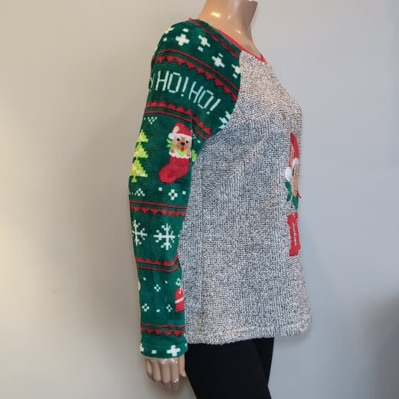 Ugly Christmas Sweater Fleece Feliz Naughty Dog Raglan Knit Pullover Holiday - Picture 8 of 11